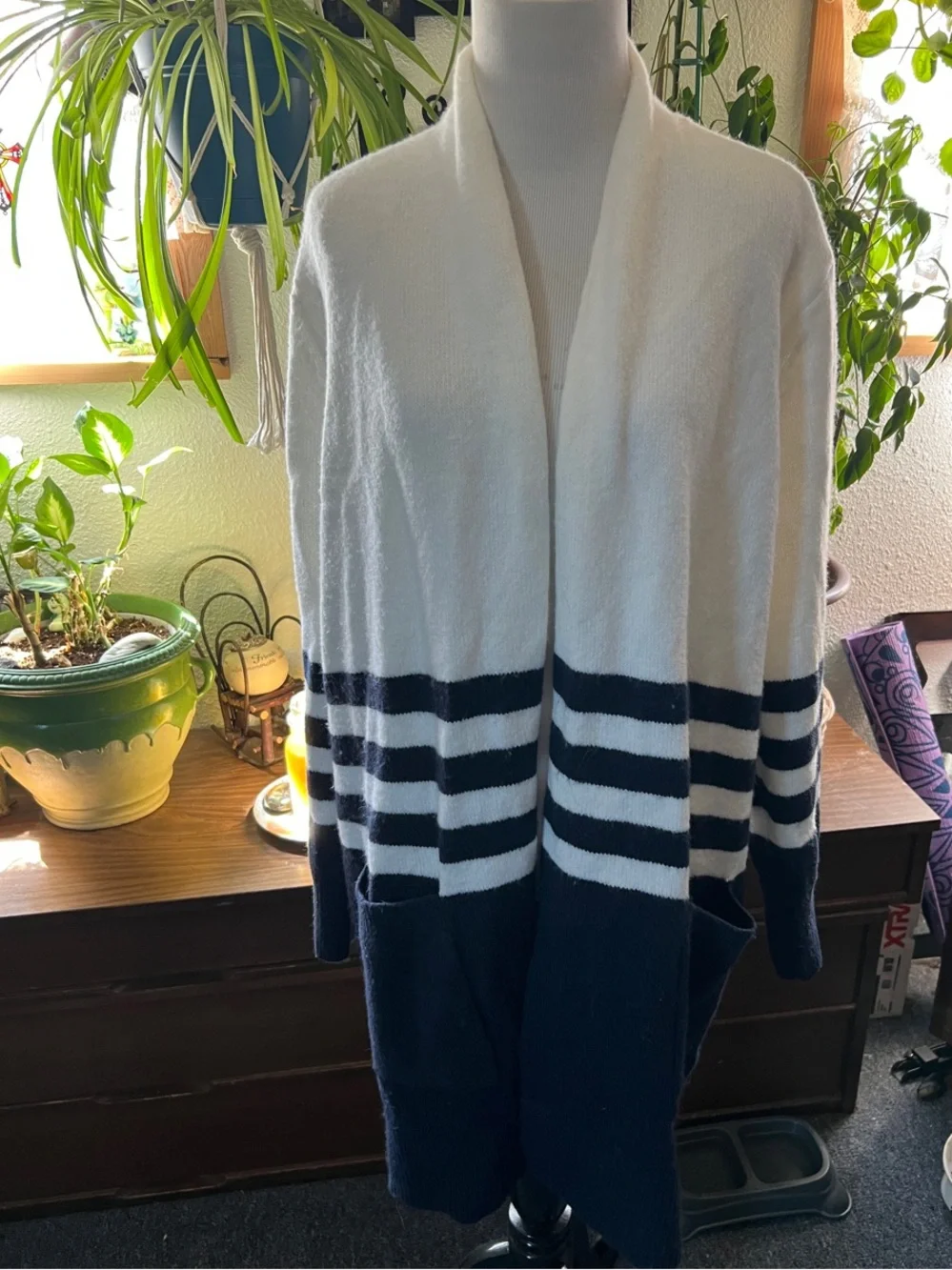 Michael Kors Cream & Navy Striped Open-Front Cardigan
